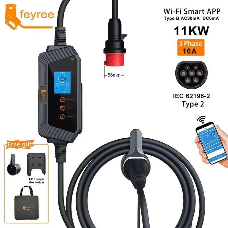 feyree 11KW 16A 3Phase Type2 P - Type 2 Portable Ev Charger 11Kw Cee ulasan dan harga